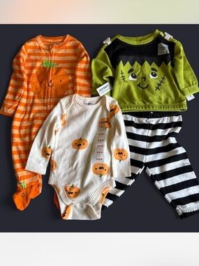 Pumpkin & Frankenstein Baby Halloween Set - Orange, Green, Black, White